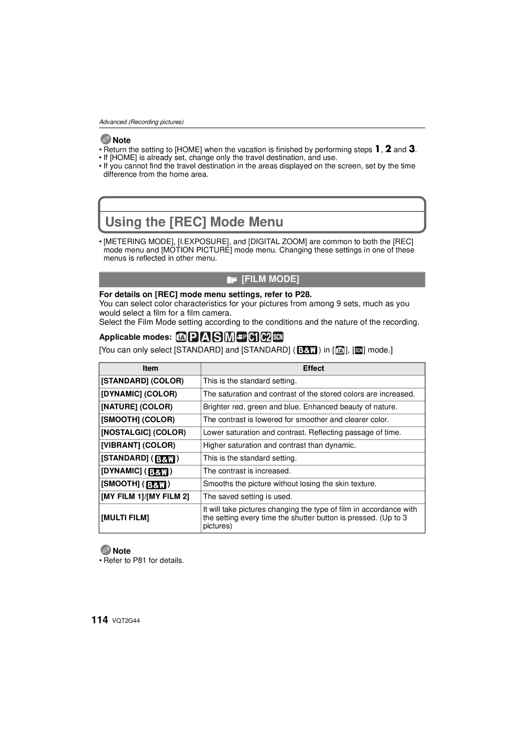 Panasonic DMCGF1CK, DMCGF1KK Using the REC Mode Menu, Film Mode, For details on REC mode menu settings, refer to P28 