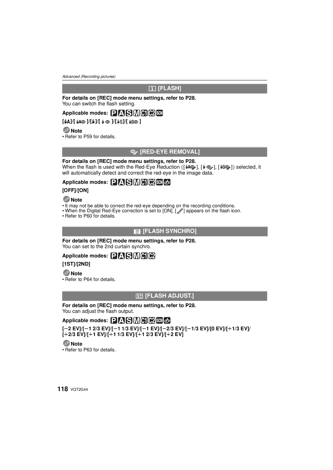 Panasonic DMCGF1KK, DMCGF1CK, DMC-GF1C operating instructions RED-EYE Removal, Flash Synchro, Flash Adjust 