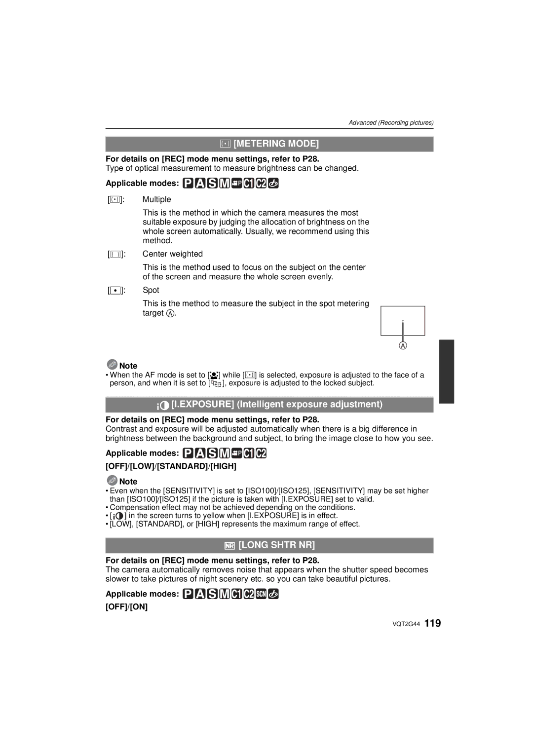 Panasonic DMC-GF1C, DMCGF1CK, DMCGF1KK Metering Mode, Exposure Intelligent exposure adjustment, Long Shtr NR 