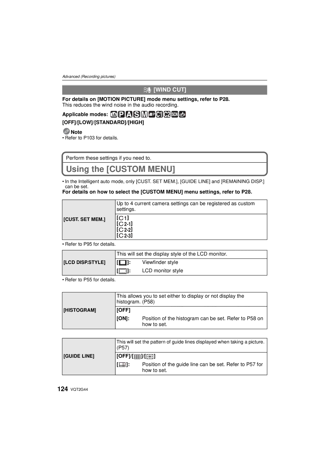 Panasonic DMCGF1KK, DMCGF1CK, DMC-GF1C operating instructions Using the Custom Menu, Off 