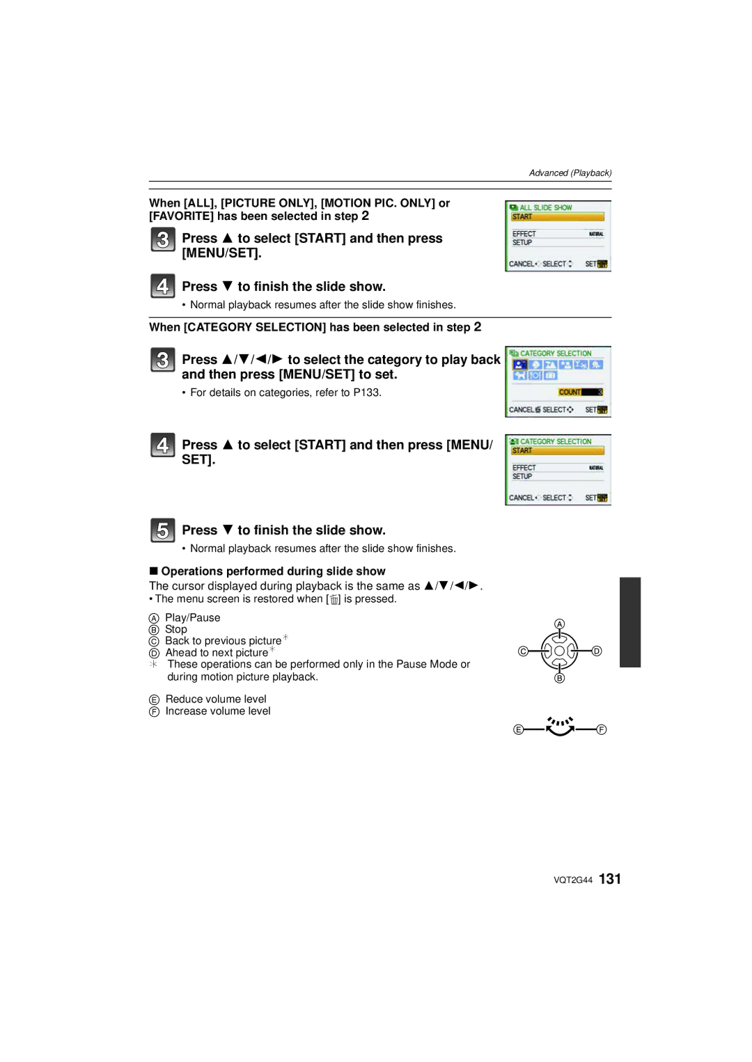 Panasonic DMC-GF1C Press 3 to select Start and then press Menu, When Category Selection has been selected in step 