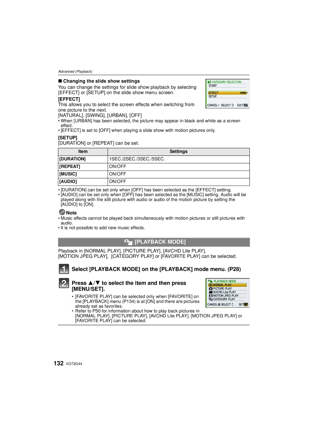 Panasonic DMCGF1CK, DMCGF1KK Playback Mode, Changing the slide show settings, Effect, Setup, Duration or Repeat can be set 