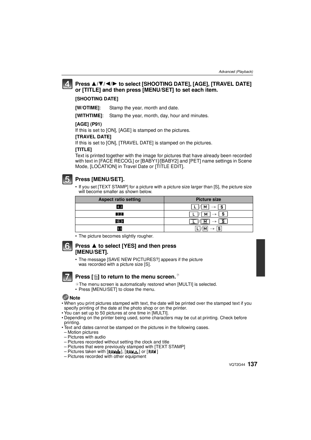 Panasonic DMC-GF1C Shooting Date, AGE P91, If this is set to ON, AGE is stamped on the pictures, Travel Date, Title 