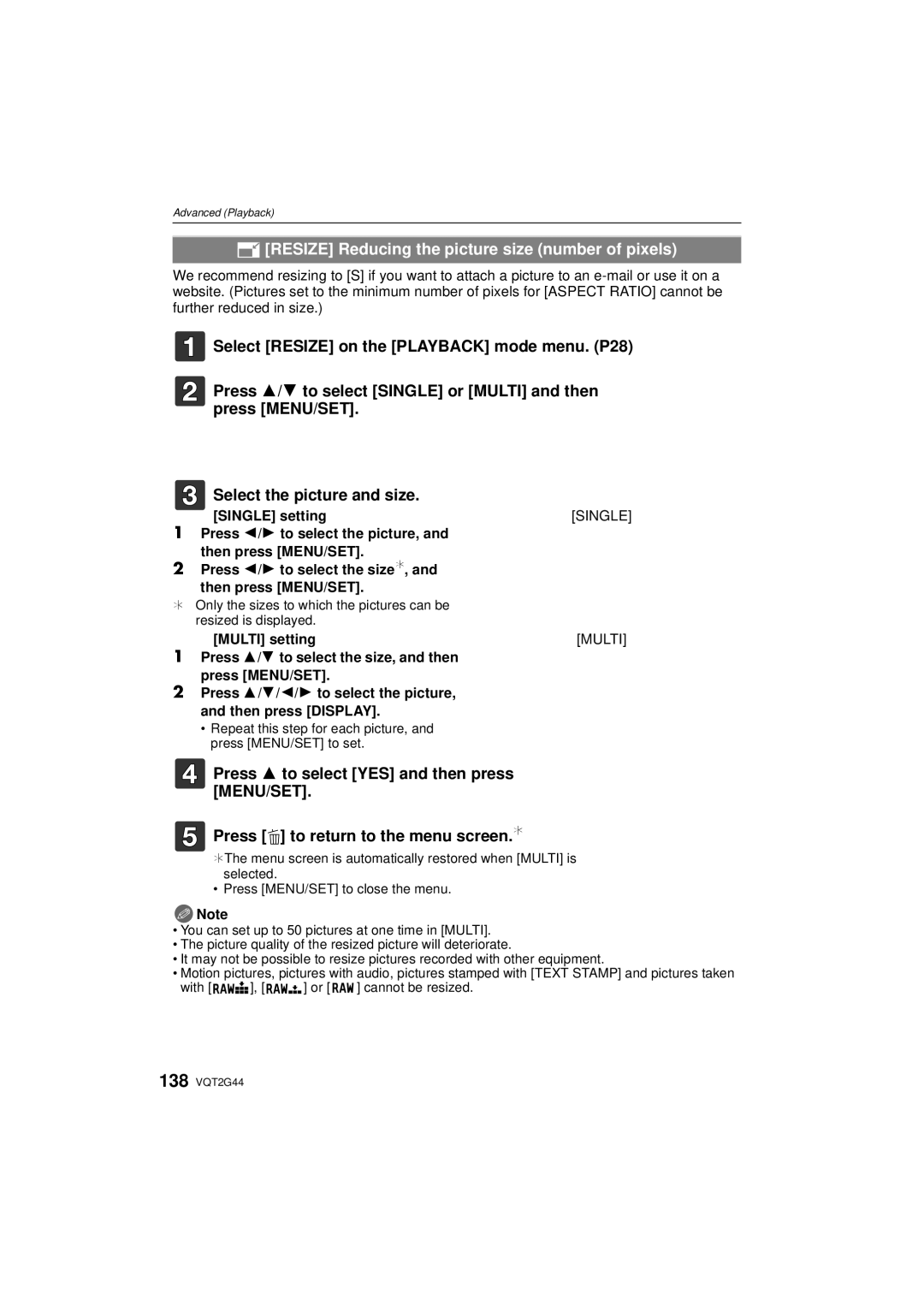 Panasonic DMCGF1CK, DMCGF1KK, DMC-GF1C Resize Reducing the picture size number of pixels, Single, Multi 