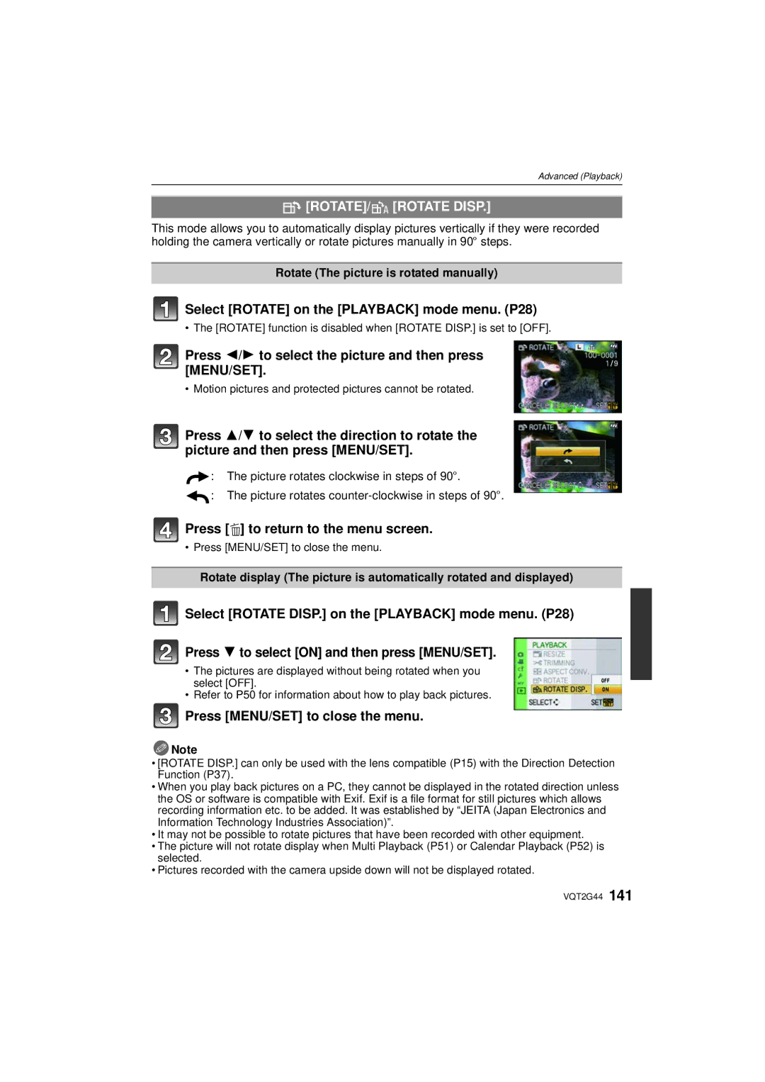 Panasonic DMCGF1CK, DMCGF1KK, DMC-GF1C ROTATE/M Rotate Disp, Select Rotate on the Playback mode menu. P28 