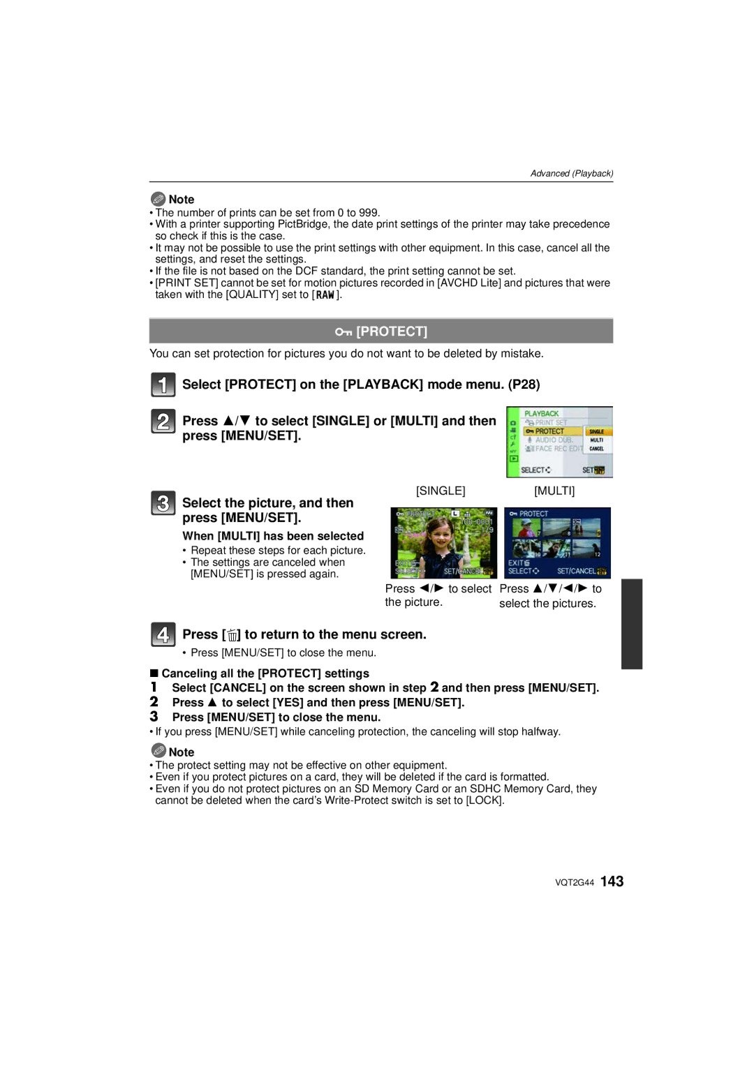 Panasonic DMC-GF1C, DMCGF1CK, DMCGF1KK Protect, When Multi has been selected, Repeat these steps for each picture 