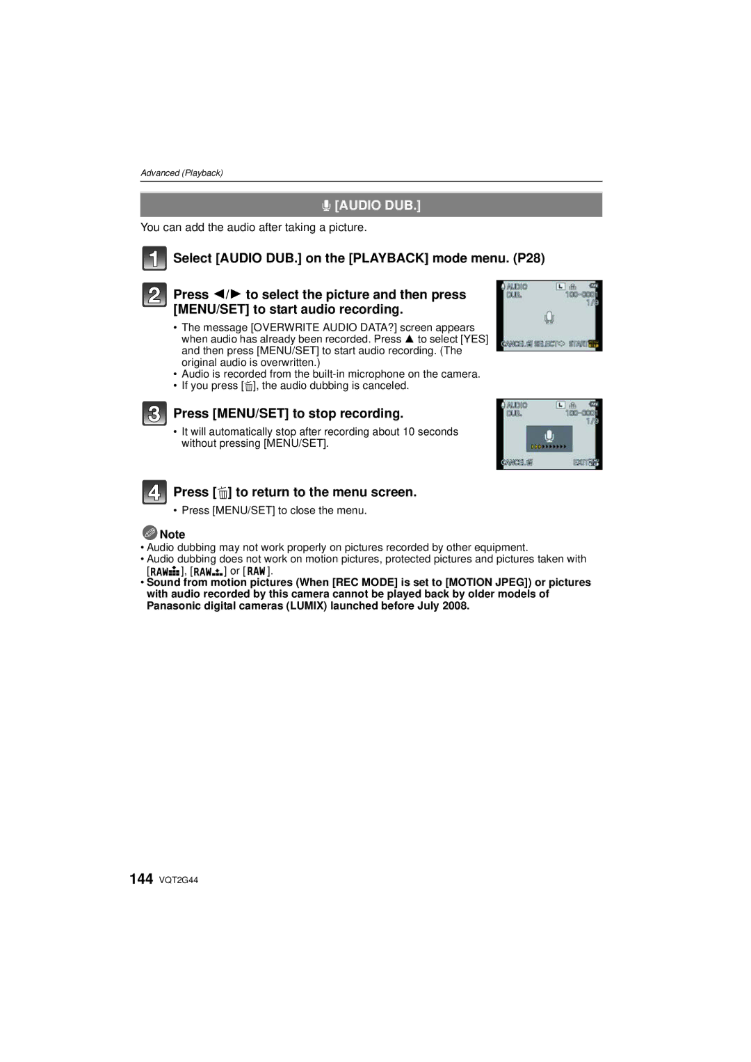 Panasonic DMCGF1CK, DMCGF1KK Audio DUB, Press MENU/SET to stop recording, You can add the audio after taking a picture 