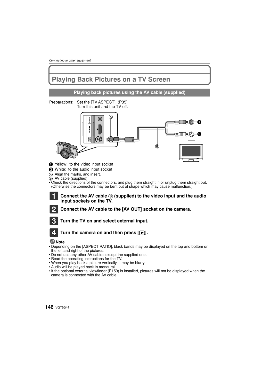 Panasonic DMC-GF1C, DMCGF1CK Playing Back Pictures on a TV Screen, Playing back pictures using the AV cable supplied 