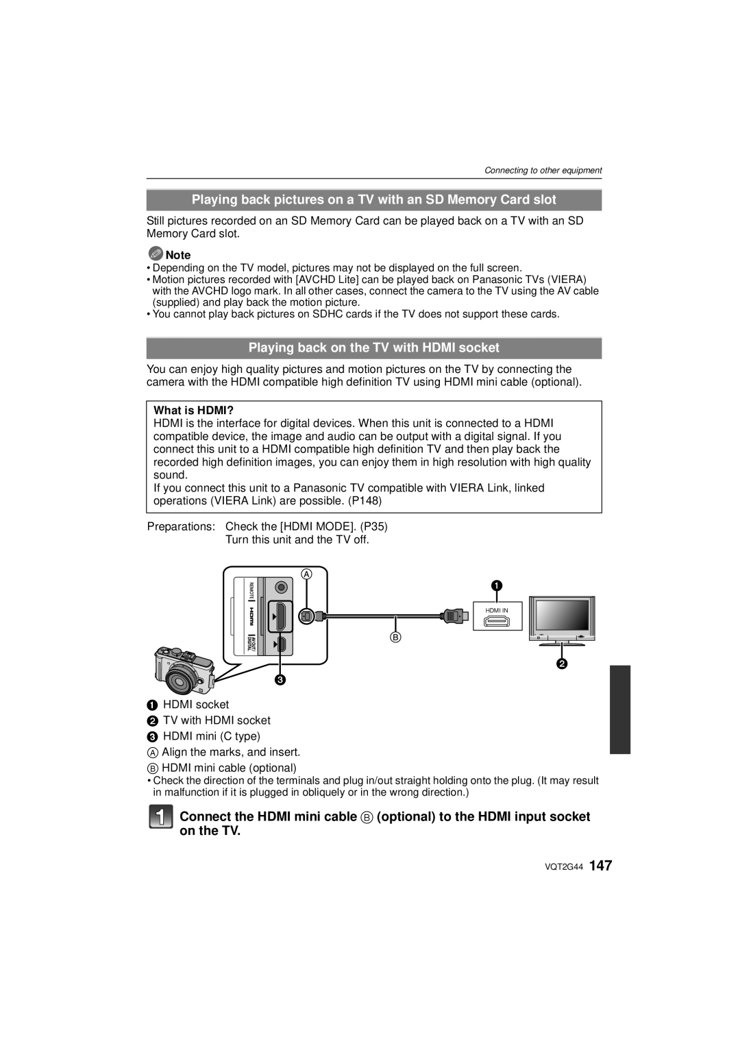 Panasonic DMCGF1CK Playing back pictures on a TV with an SD Memory Card slot, Playing back on the TV with Hdmi socket 