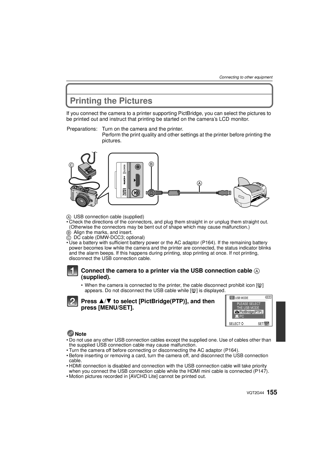 Panasonic DMC-GF1C, DMCGF1CK, DMCGF1KK Printing the Pictures, Press 3/4 to select PictBridgePTP, and then press MENU/SET 