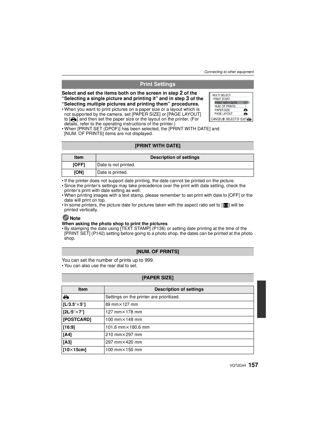 Panasonic DMCGF1KK Print Settings, Print with Date, NUM. of Prints, You can set the number of prints up to, Paper Size 