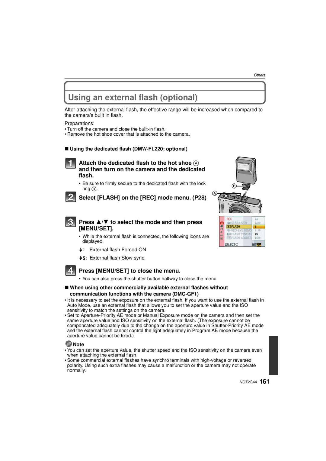 Panasonic DMC-GF1C, DMCGF1CK, DMCGF1KK Using an external flash optional, Using the dedicated flash DMW-FL220 optional 