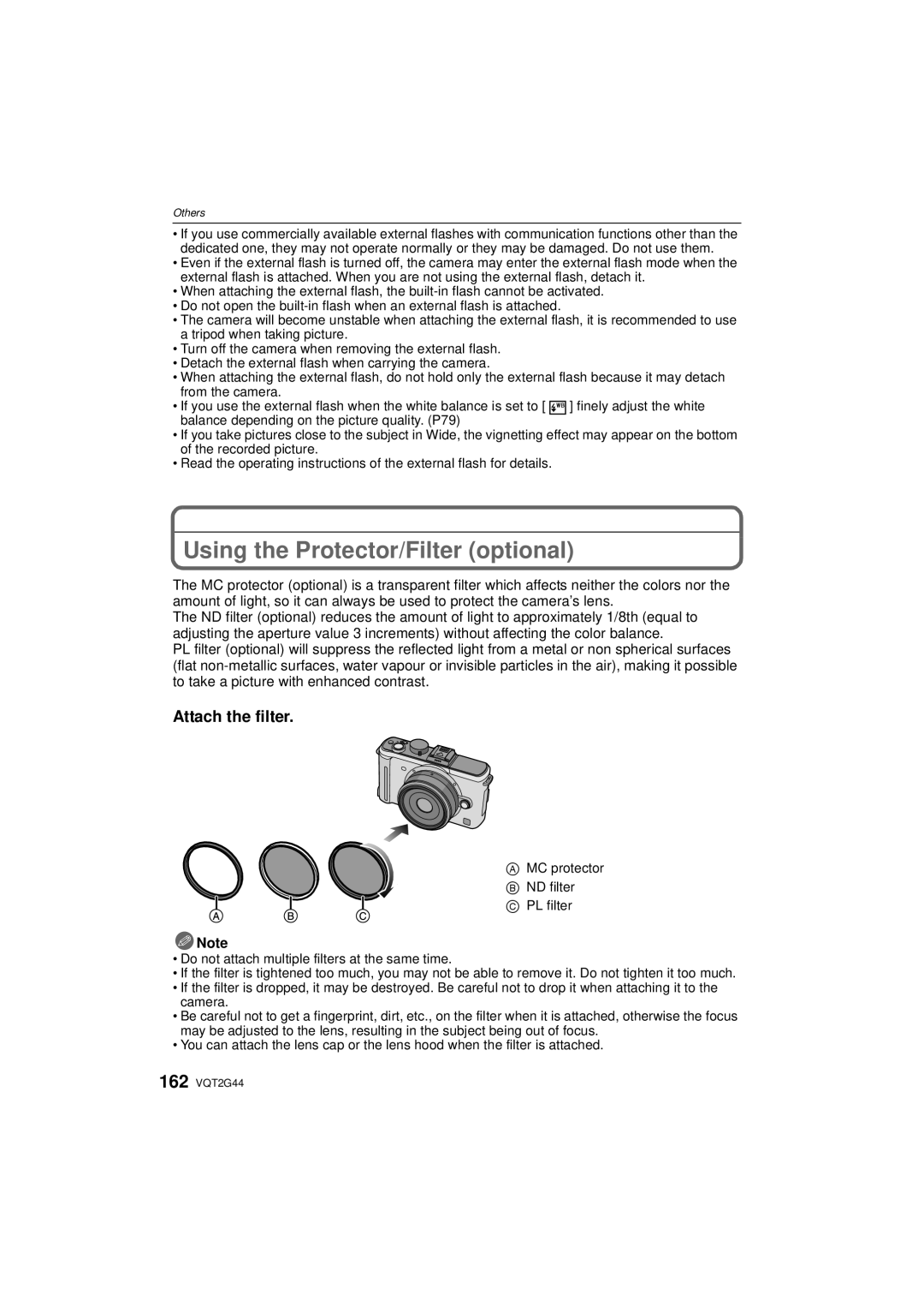 Panasonic DMCGF1CK, DMCGF1KK, DMC-GF1C operating instructions Using the Protector/Filter optional, Attach the filter 