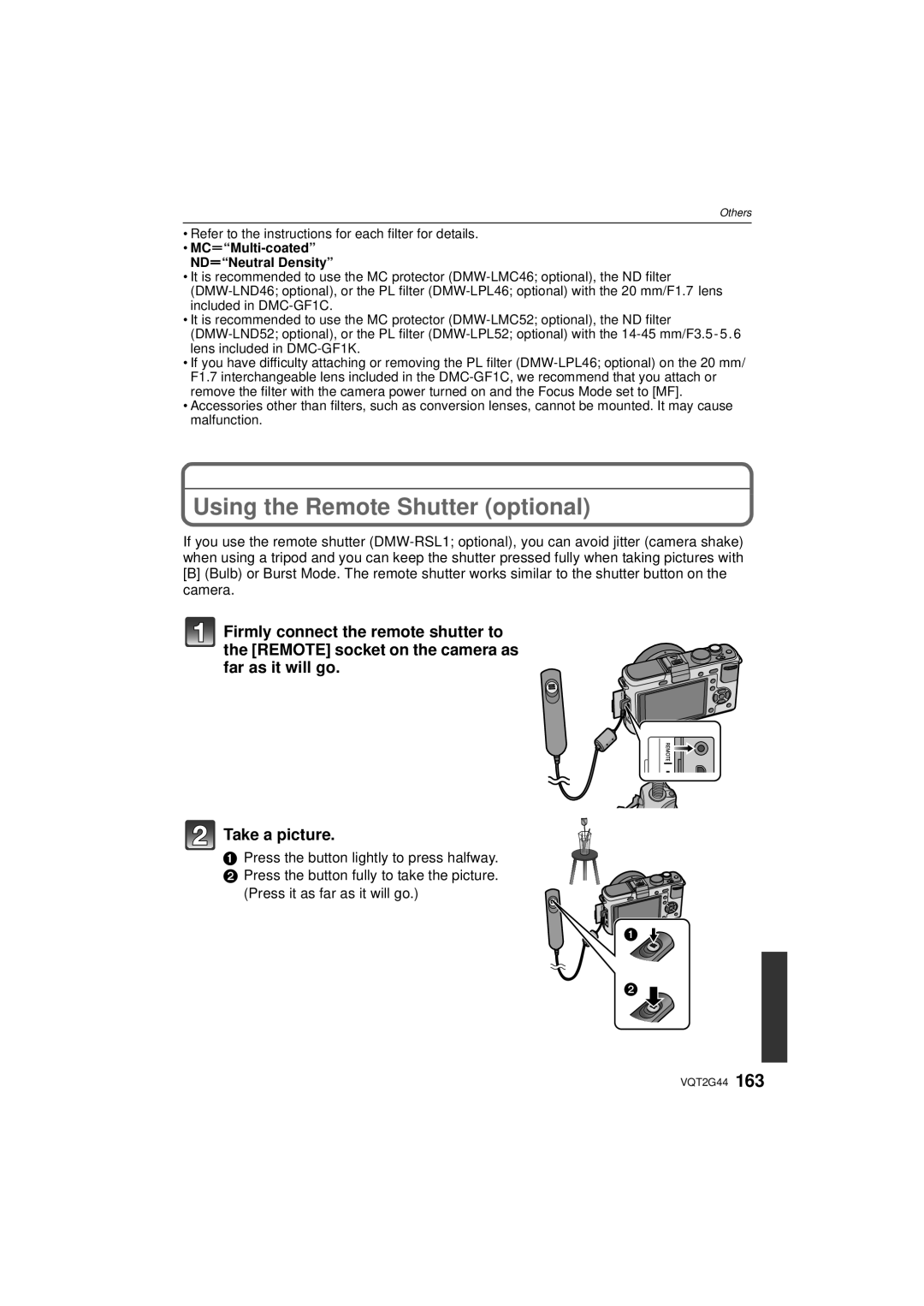 Panasonic DMCGF1KK, DMCGF1CK Using the Remote Shutter optional, Refer to the instructions for each filter for details 