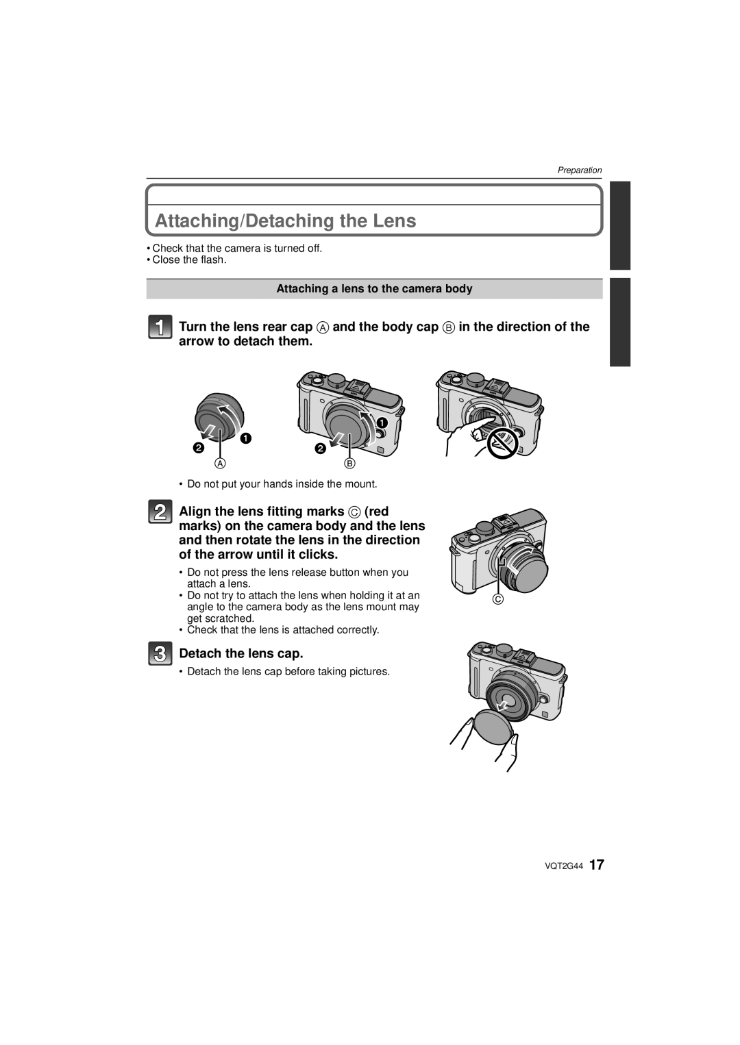 Panasonic DMC-GF1C, DMCGF1CK Attaching/Detaching the Lens, Detach the lens cap, Attaching a lens to the camera body 