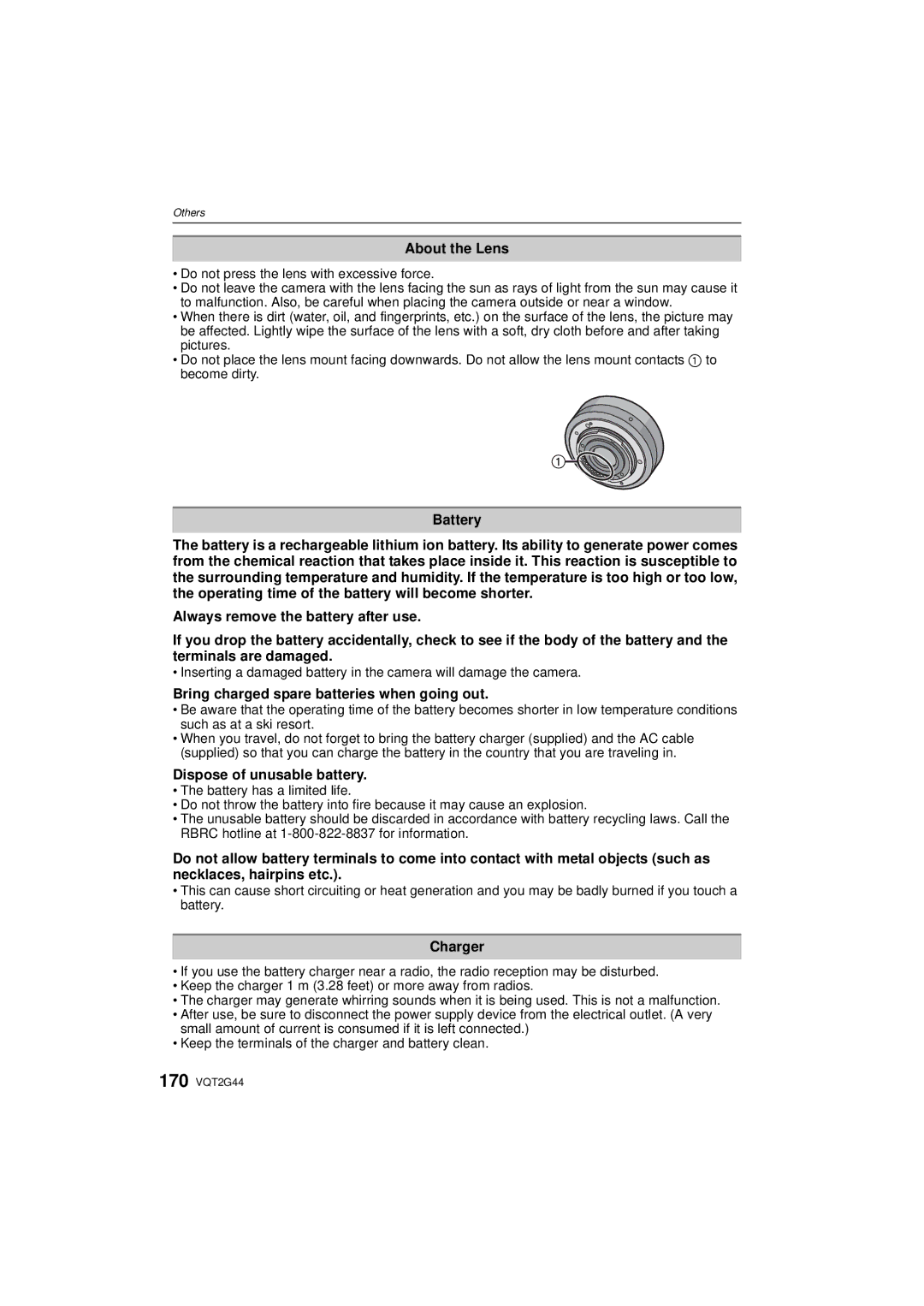Panasonic DMC-GF1C About the Lens, Battery, Bring charged spare batteries when going out, Dispose of unusable battery 