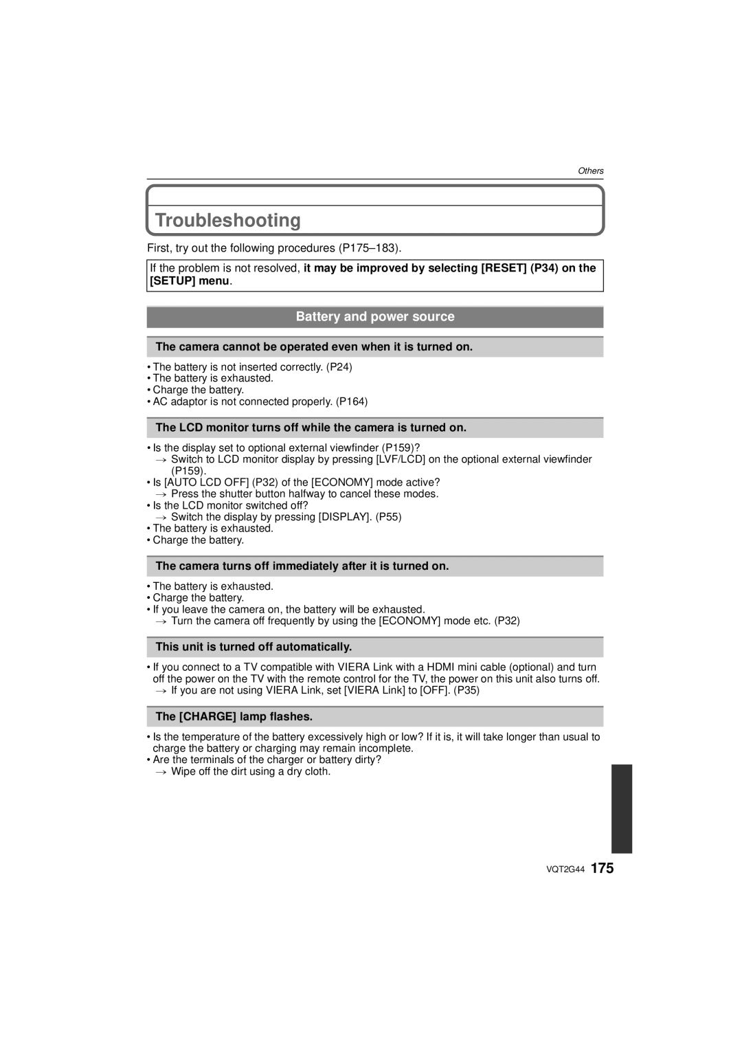 Panasonic DMCGF1KK, DMCGF1CK, DMC-GF1C operating instructions Troubleshooting, Battery and power source 