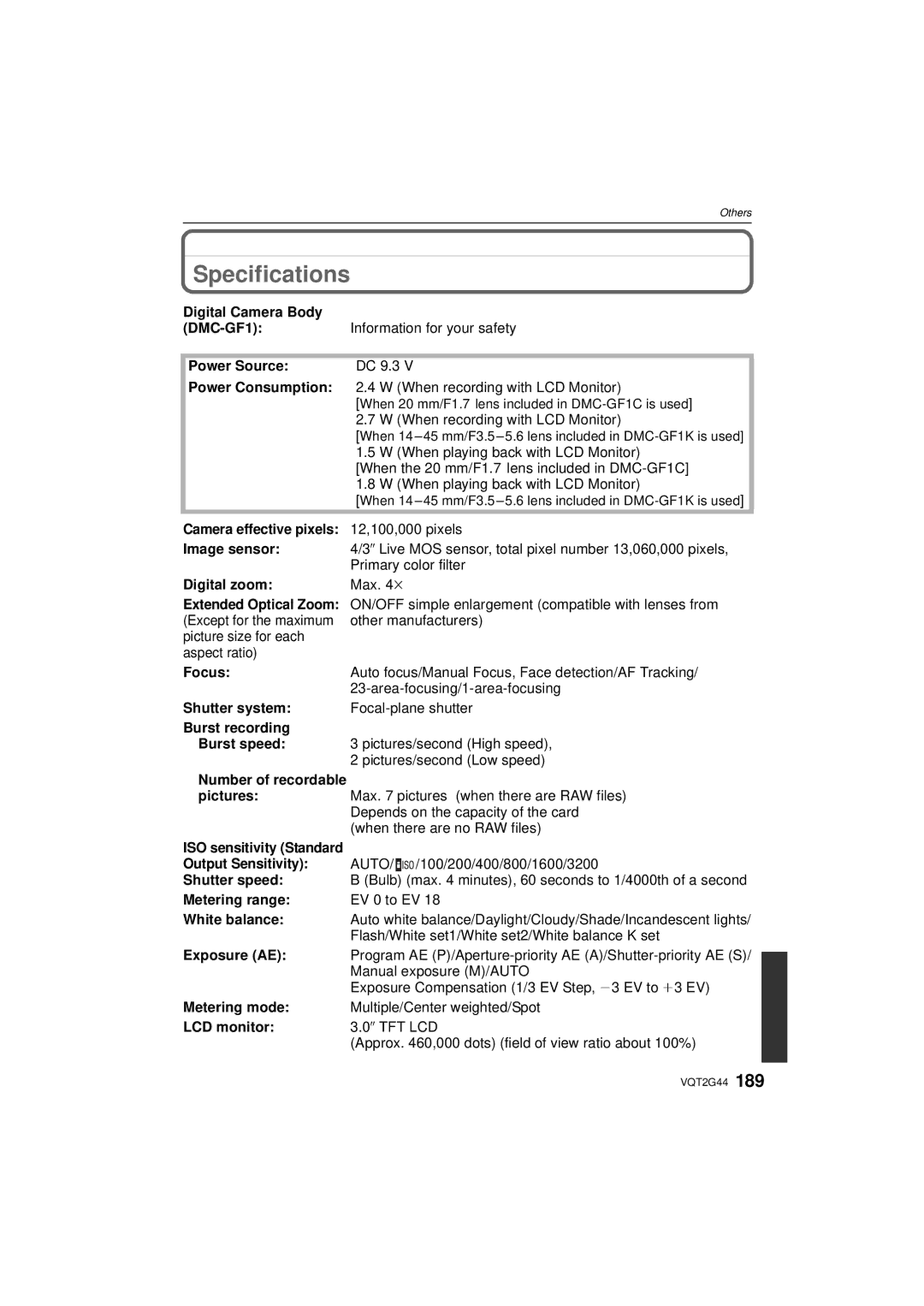 Panasonic DMCGF1CK, DMCGF1KK, DMC-GF1C operating instructions Specifications 