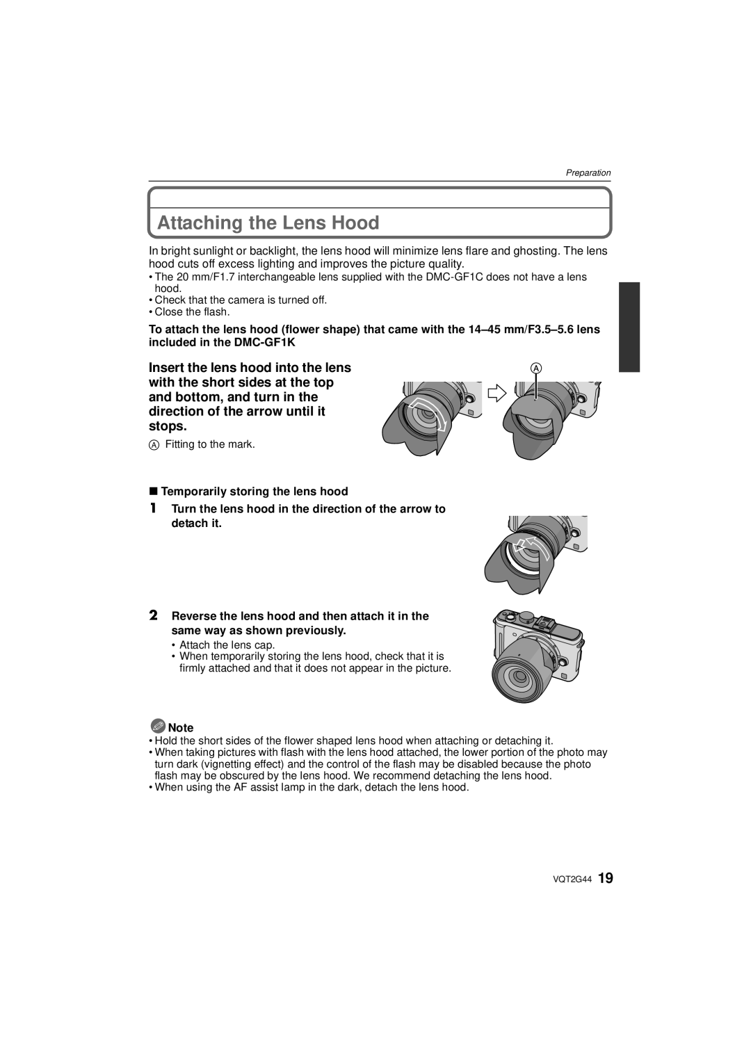 Panasonic DMCGF1KK, DMCGF1CK, DMC-GF1C Attaching the Lens Hood, Fitting to the mark, Attach the lens cap 