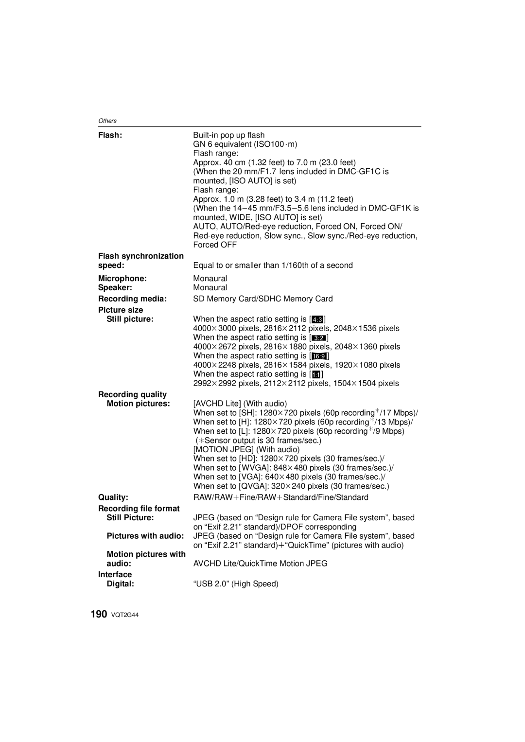 Panasonic DMCGF1KK Flash synchronization Speed, Microphone, Speaker, Recording media, Picture size Still picture 