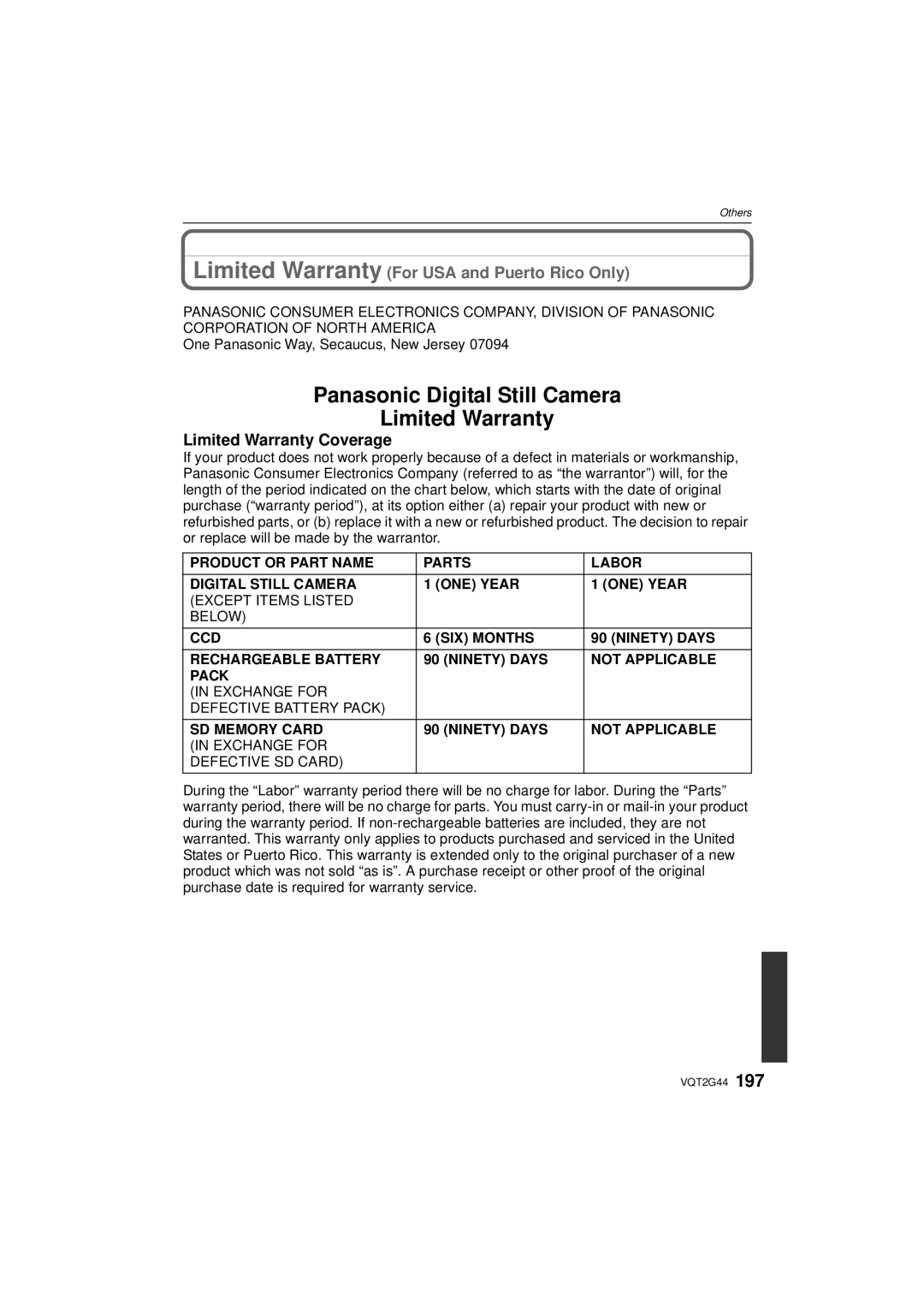 Panasonic DMC-GF1C, DMCGF1CK, DMCGF1KK Limited Warranty Coverage, One Panasonic Way, Secaucus, New Jersey 