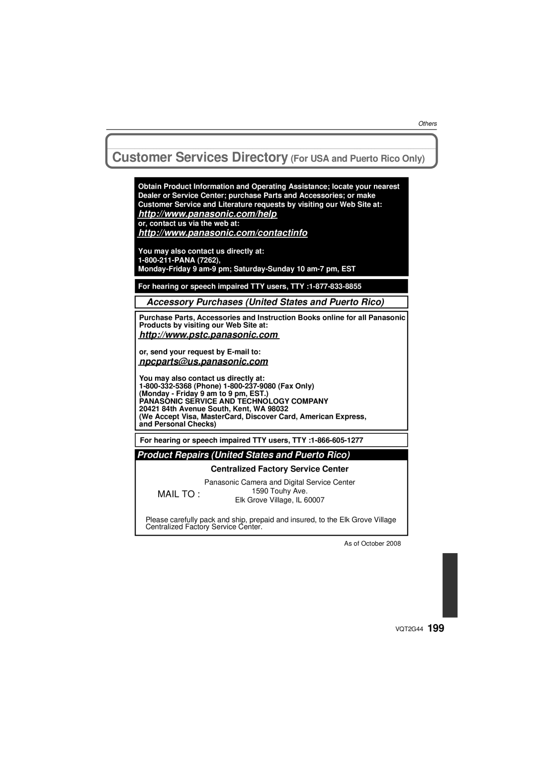 Panasonic DMCGF1KK, DMCGF1CK Customer Services Directory For USA and Puerto Rico Only, Centralized Factory Service Center 