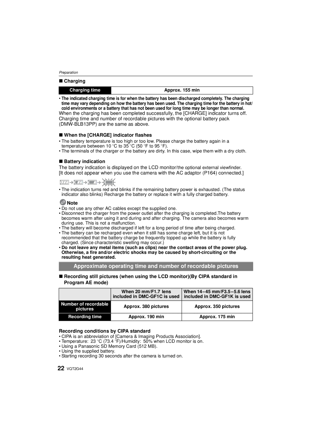 Panasonic DMCGF1KK Charging, When the Charge indicator flashes, Battery indication, Recording conditions by Cipa standard 