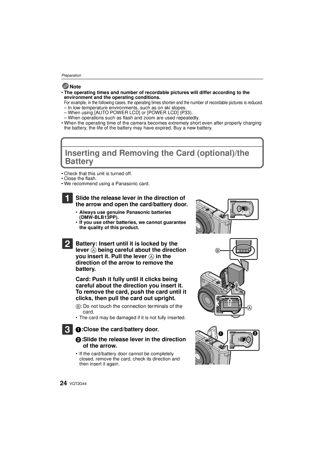 Panasonic DMCGF1CK Inserting and Removing the Card optional/the Battery, Do not touch the connection terminals of the card 