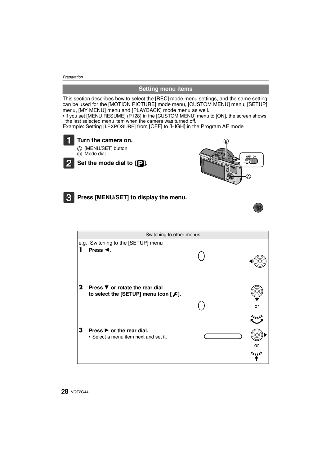 Panasonic DMCGF1KK, DMCGF1CK, DMC-GF1C Setting menu items, Set the mode dial to Press MENU/SET to display the menu 