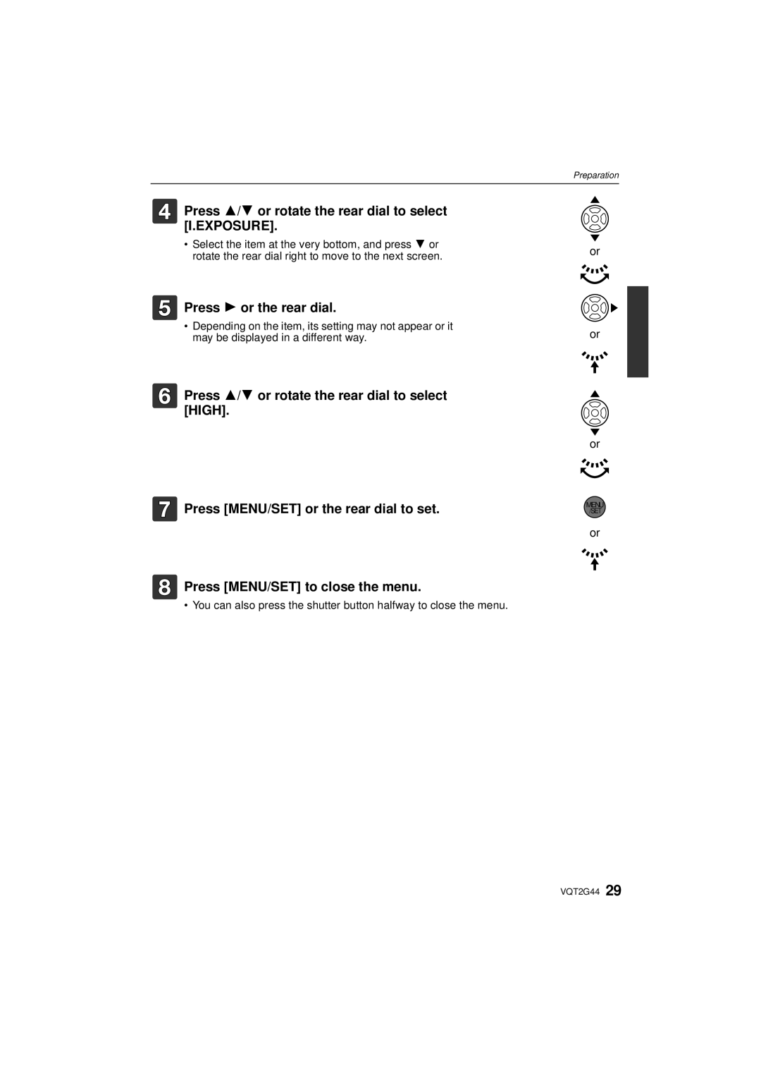 Panasonic DMC-GF1C, DMCGF1CK, DMCGF1KK Press 3/4 or rotate the rear dial to select I.EXPOSURE, Press 1 or the rear dial 