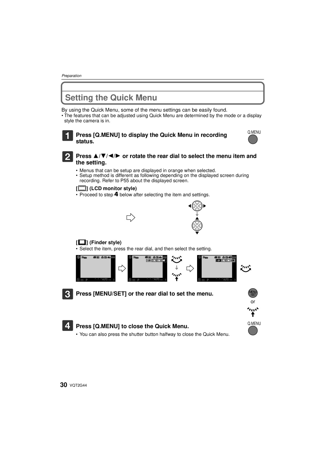 Panasonic DMCGF1CK, DMCGF1KK, DMC-GF1C Setting the Quick Menu, Press Q.MENU to display the Quick Menu in recording 