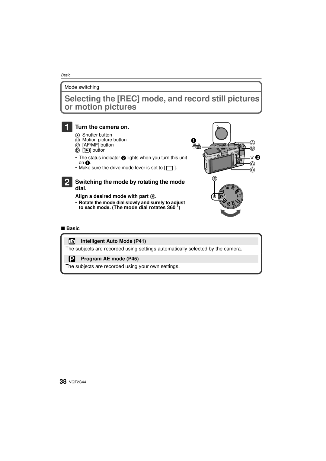 Panasonic DMC-GF1C Switching the mode by rotating the mode dial, Align a desired mode with part E, Program AE mode P45 