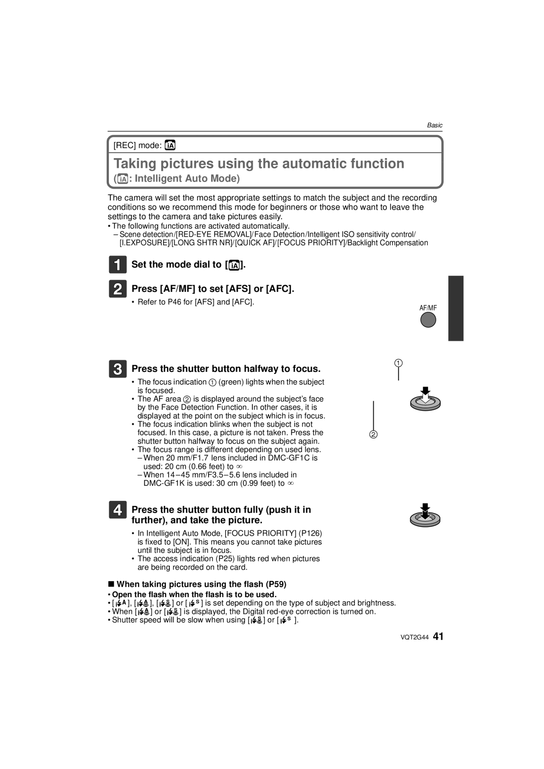 Panasonic DMC-GF1C Taking pictures using the automatic function, Set the mode dial to Press AF/MF to set AFS or AFC 