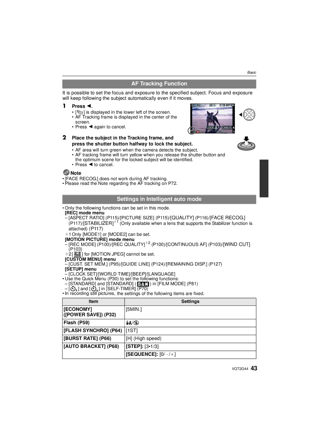 Panasonic DMCGF1KK, DMCGF1CK, DMC-GF1C operating instructions AF Tracking Function, Settings in Intelligent auto mode 