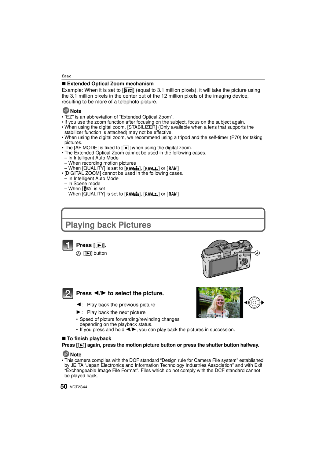 Panasonic DMC-GF1C, DMCGF1CK, DMCGF1KK Playing back Pictures, Press, Extended Optical Zoom mechanism, To finish playback 