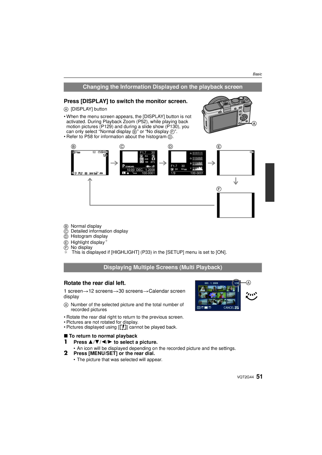 Panasonic DMCGF1CK Changing the Information Displayed on the playback screen, Press Display to switch the monitor screen 