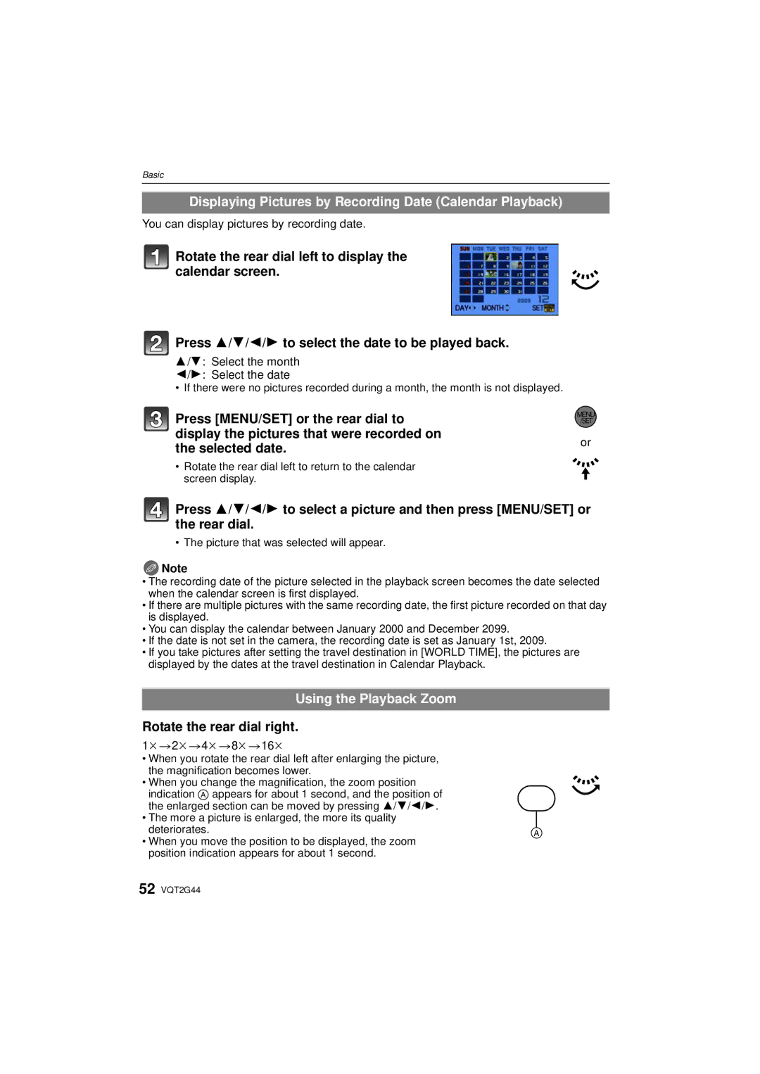 Panasonic DMCGF1KK, DMCGF1CK, DMC-GF1C Displaying Pictures by Recording Date Calendar Playback, Using the Playback Zoom 