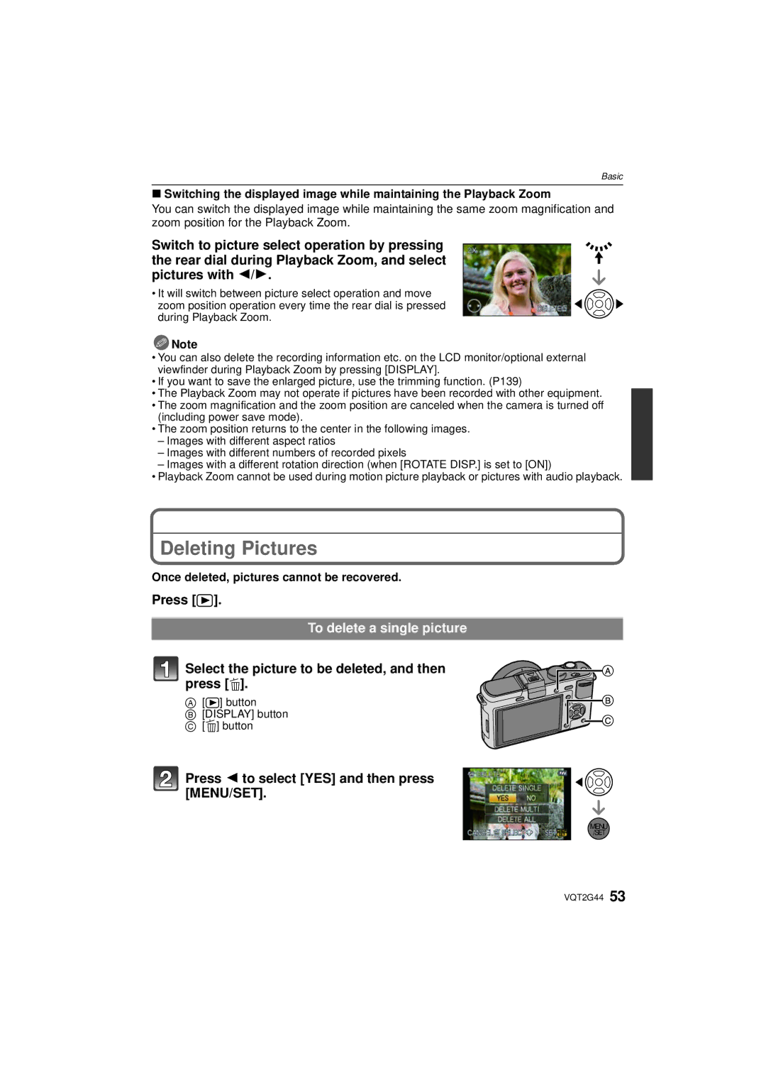 Panasonic DMC-GF1C Deleting Pictures, To delete a single picture, Select the picture to be deleted, and then press ‚ 