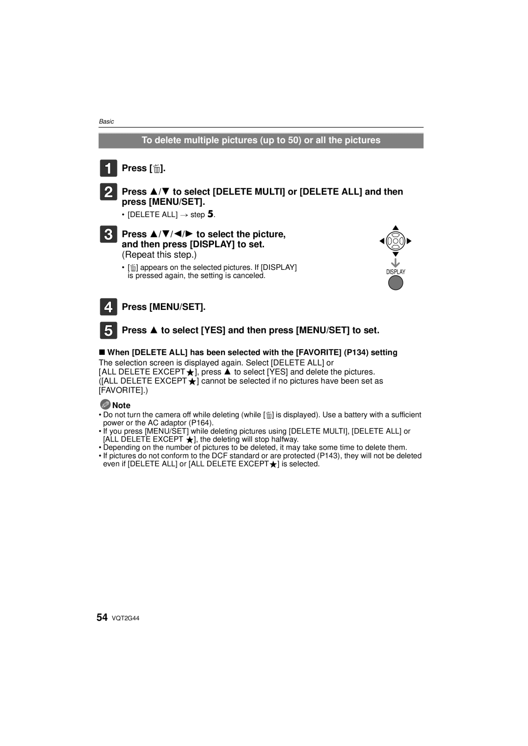 Panasonic DMCGF1CK, DMCGF1KK, DMC-GF1C To delete multiple pictures up to 50 or all the pictures, Delete ALL step 