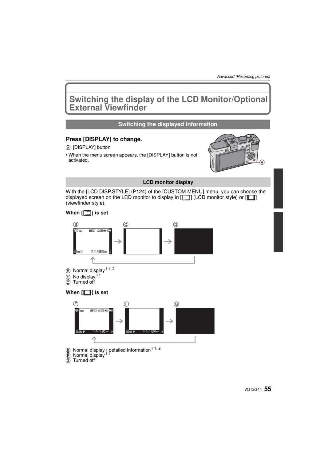 Panasonic DMCGF1KK Switching the displayed information, Press Display to change, LCD monitor display, When is set 
