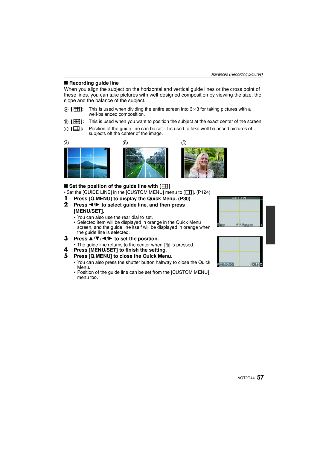 Panasonic DMCGF1CK Recording guide line, Set the position of the guide line with, Press 3/4/2/1 to set the position 