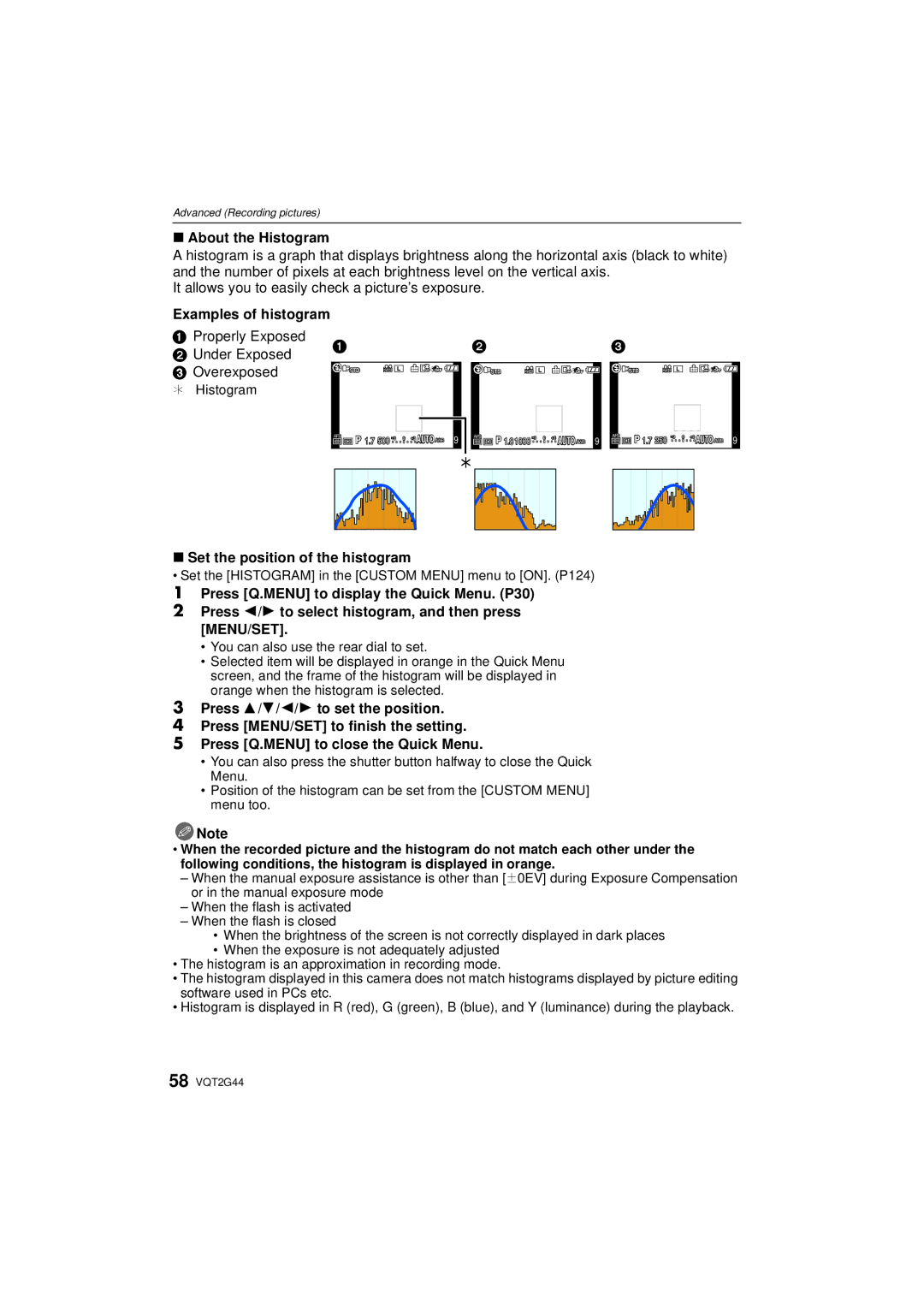 Panasonic DMCGF1KK, DMCGF1CK About the Histogram, Properly Exposed Under Exposed, Set the position of the histogram 