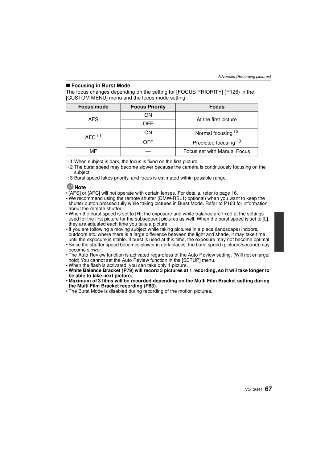 Panasonic DMCGF1KK Focusing in Burst Mode, Focus mode Focus Priority, AFC ¢1 Normal focusing ¢2, Predicted focusing ¢3 