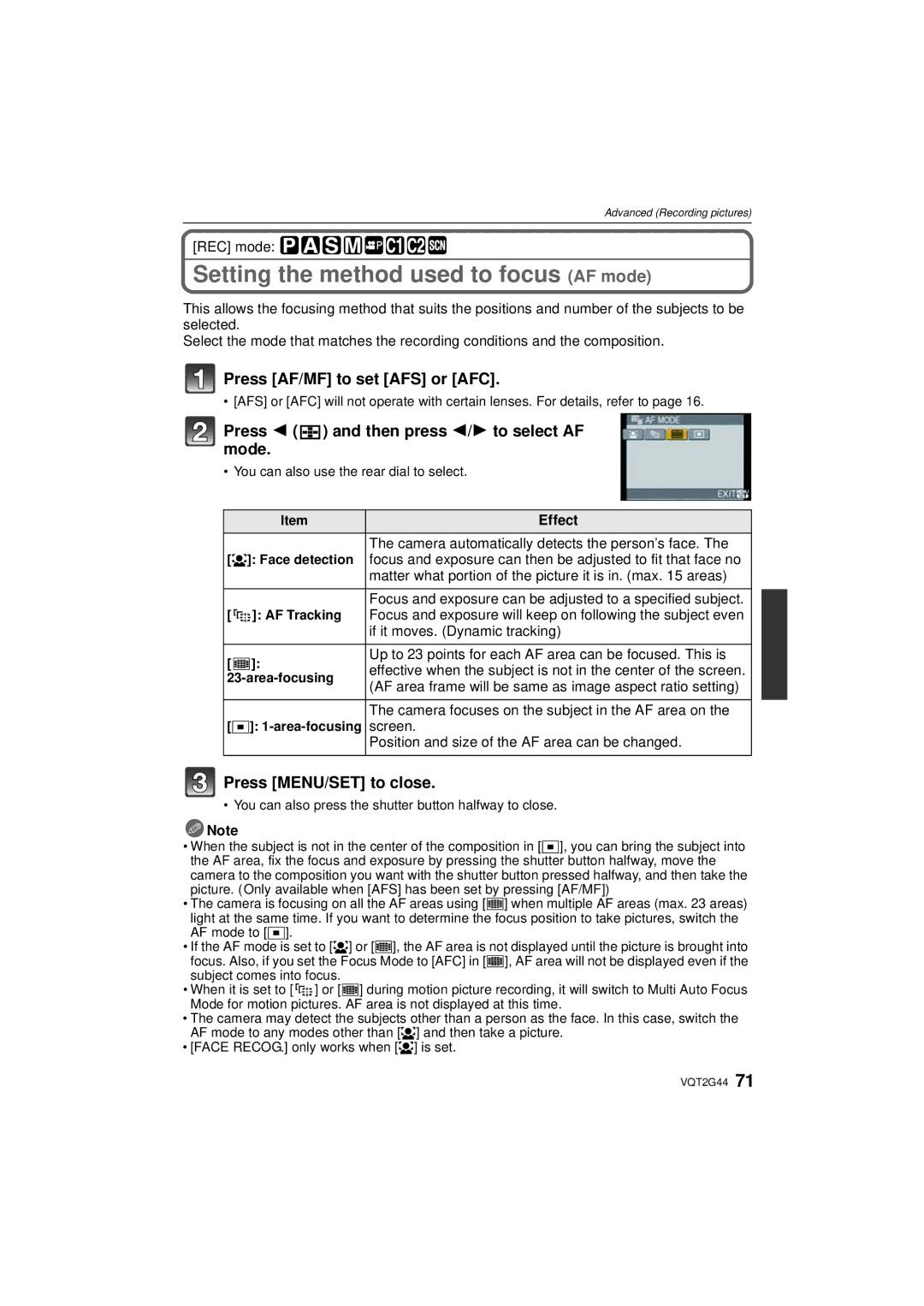 Panasonic DMC-GF1C, DMCGF1CK Setting the method used to focus AF mode, Press 2 and then press 2/1 to select AF mode 