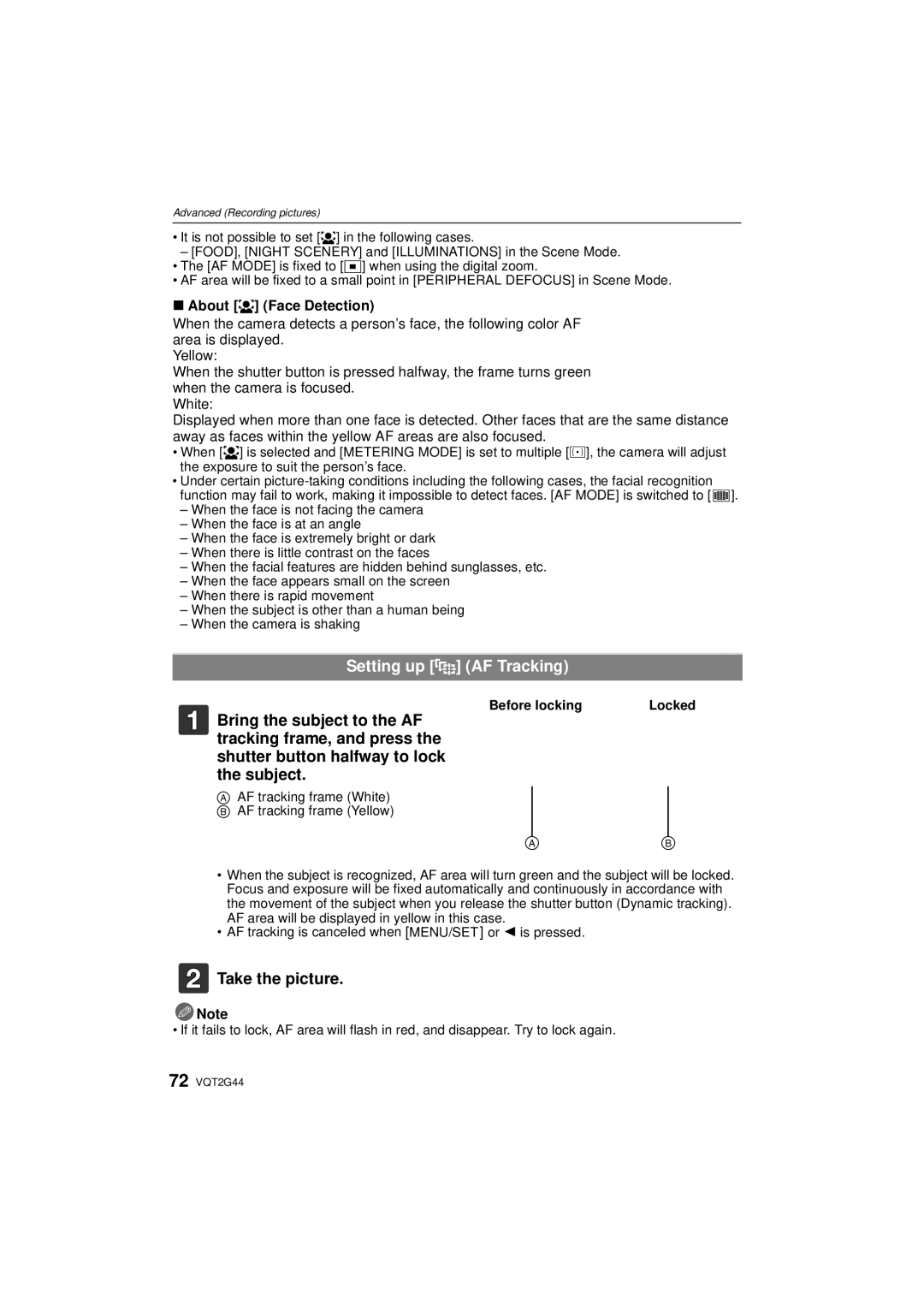 Panasonic DMCGF1CK, DMCGF1KK, DMC-GF1C Setting up AF Tracking, Take the picture, About š Face Detection, Before locking 