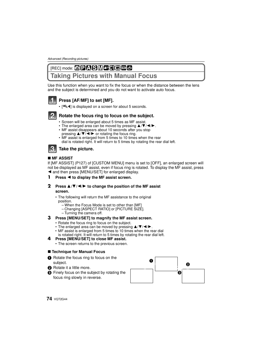 Panasonic DMC-GF1C, DMCGF1CK Taking Pictures with Manual Focus, Rotate the focus ring to focus on the subject, MF Assist 