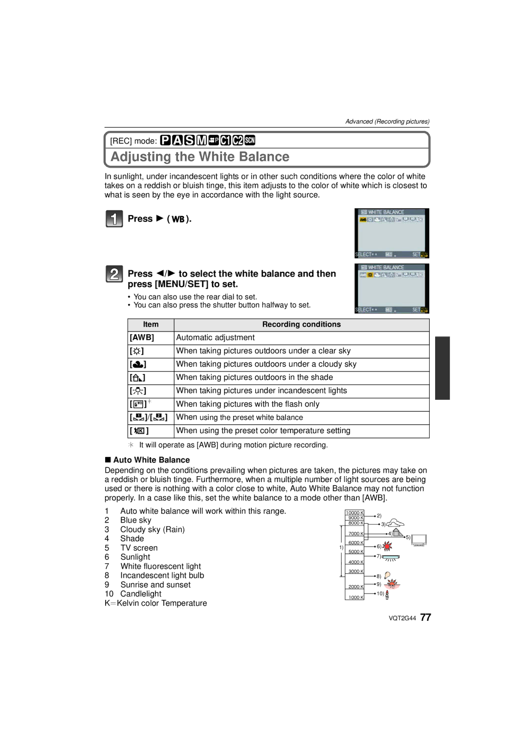 Panasonic DMC-GF1C, DMCGF1CK, DMCGF1KK operating instructions Adjusting the White Balance 