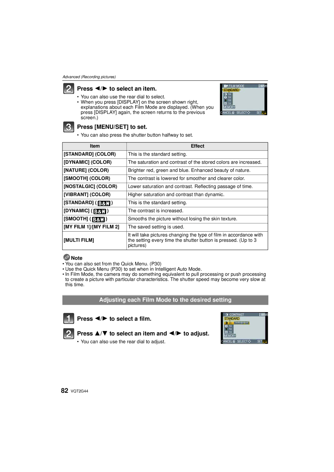 Panasonic DMCGF1KK, DMCGF1CK, DMC-GF1C Press 2/1 to select an item, Adjusting each Film Mode to the desired setting 