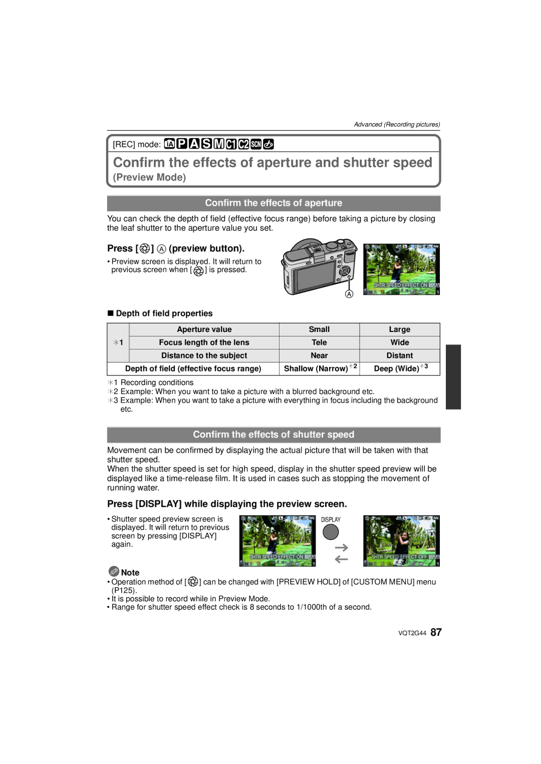 Panasonic DMCGF1CK, DMCGF1KK, DMC-GF1C Confirm the effects of aperture and shutter speed, Press a preview button 