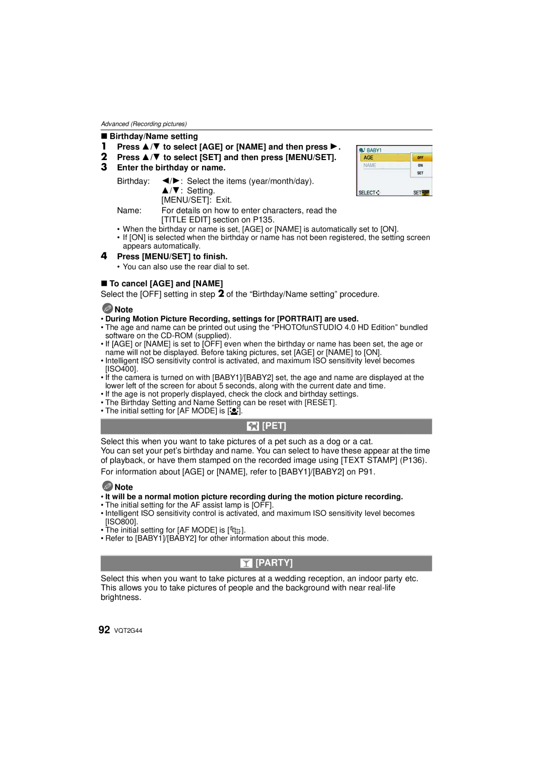 Panasonic DMC-GF1C, DMCGF1CK Pet, Party, Title Edit section on P135, Press MENU/SET to finish, To cancel AGE and Name 